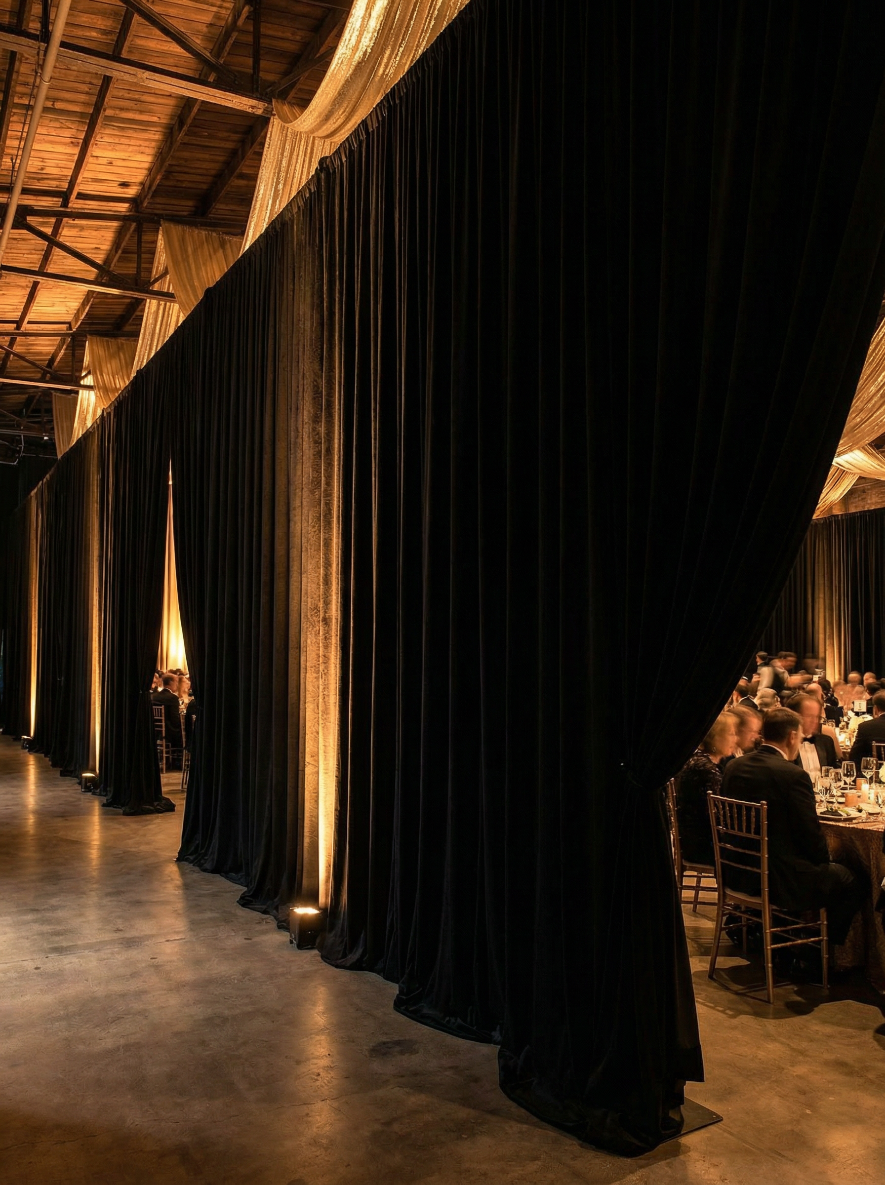 Black velvet stage masking panels dividing a large event space