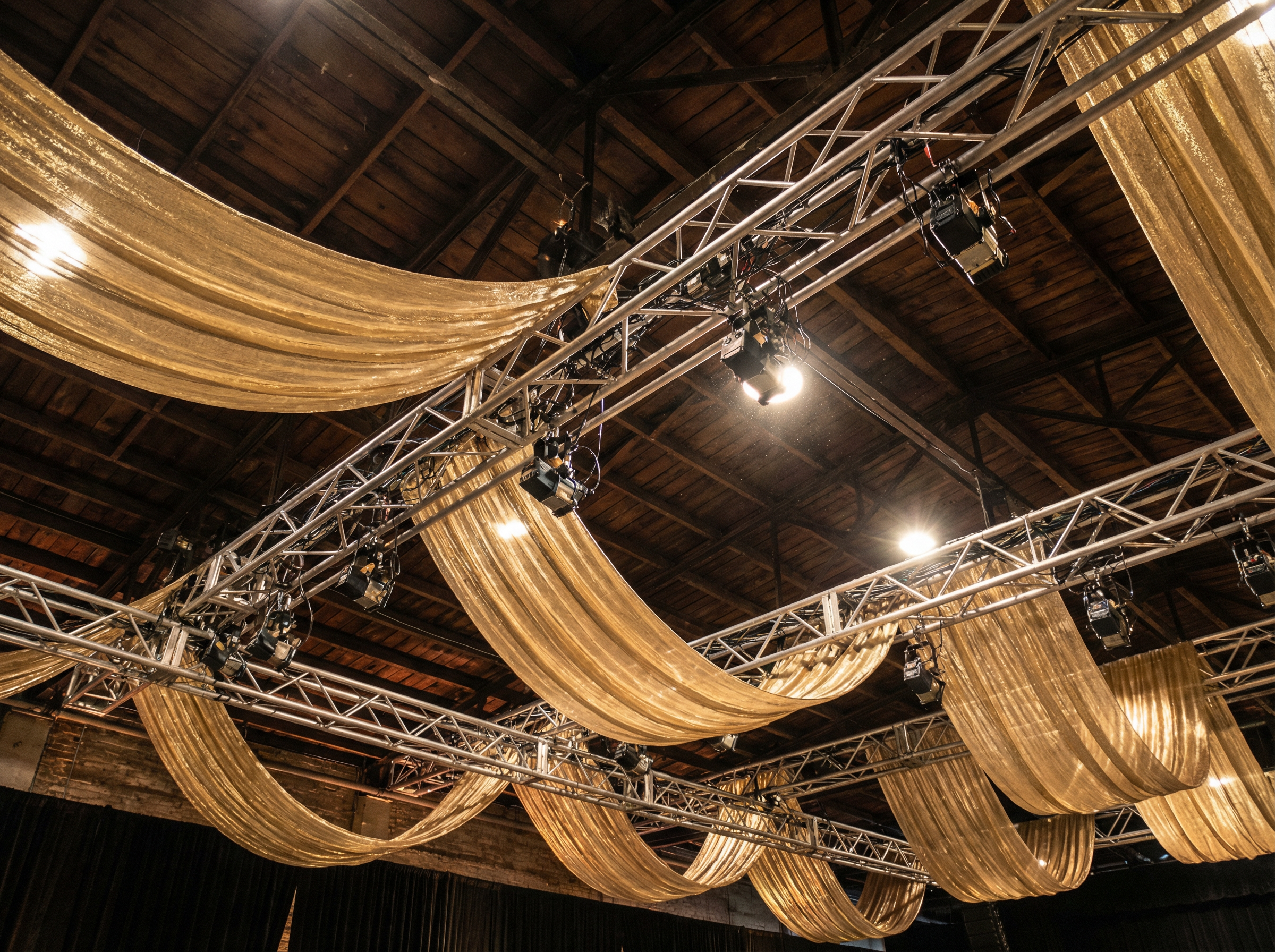 Crew rigging scenic drapery from truss above an event stage
