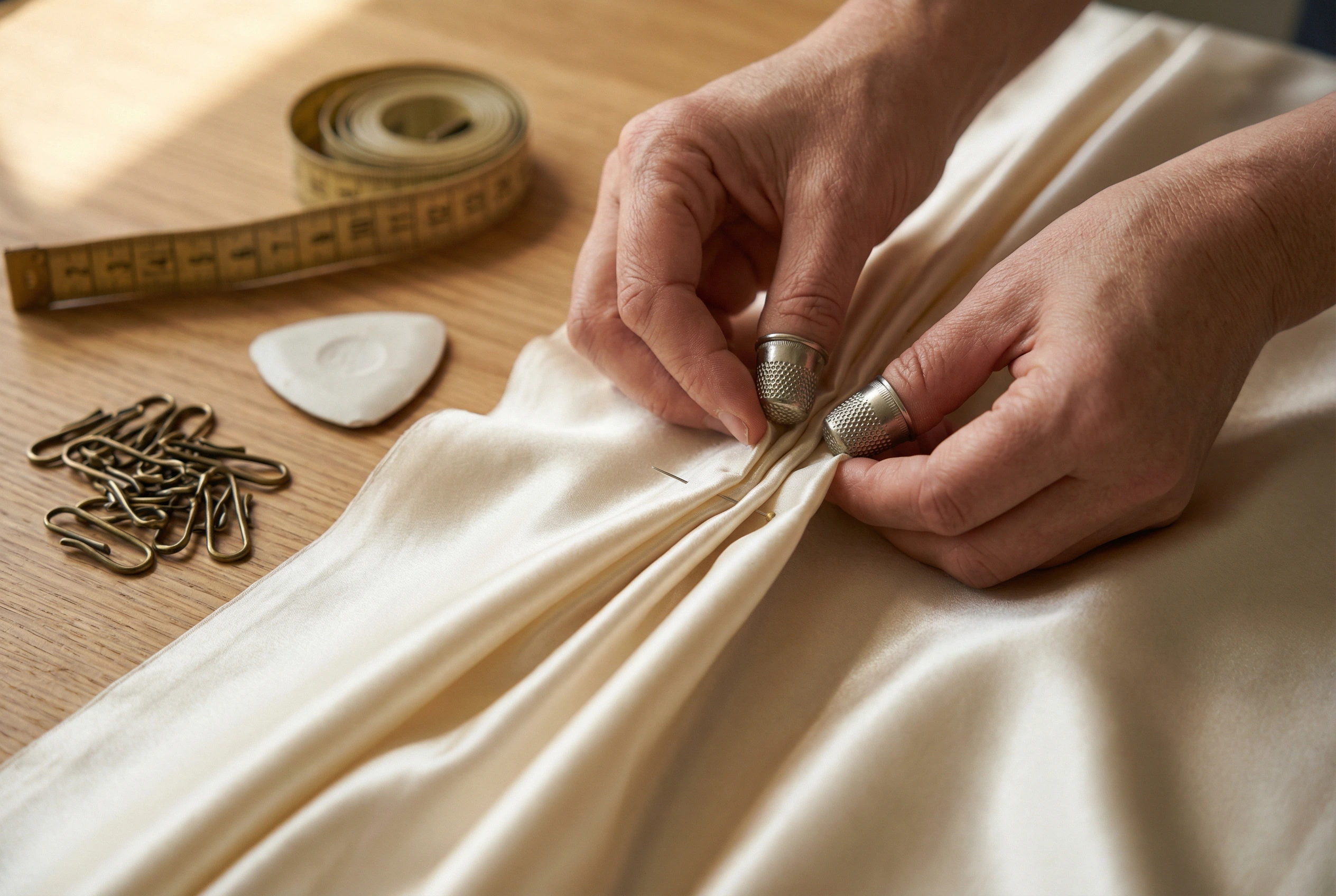Custom pinch-pleat drapery panels being hand-finished