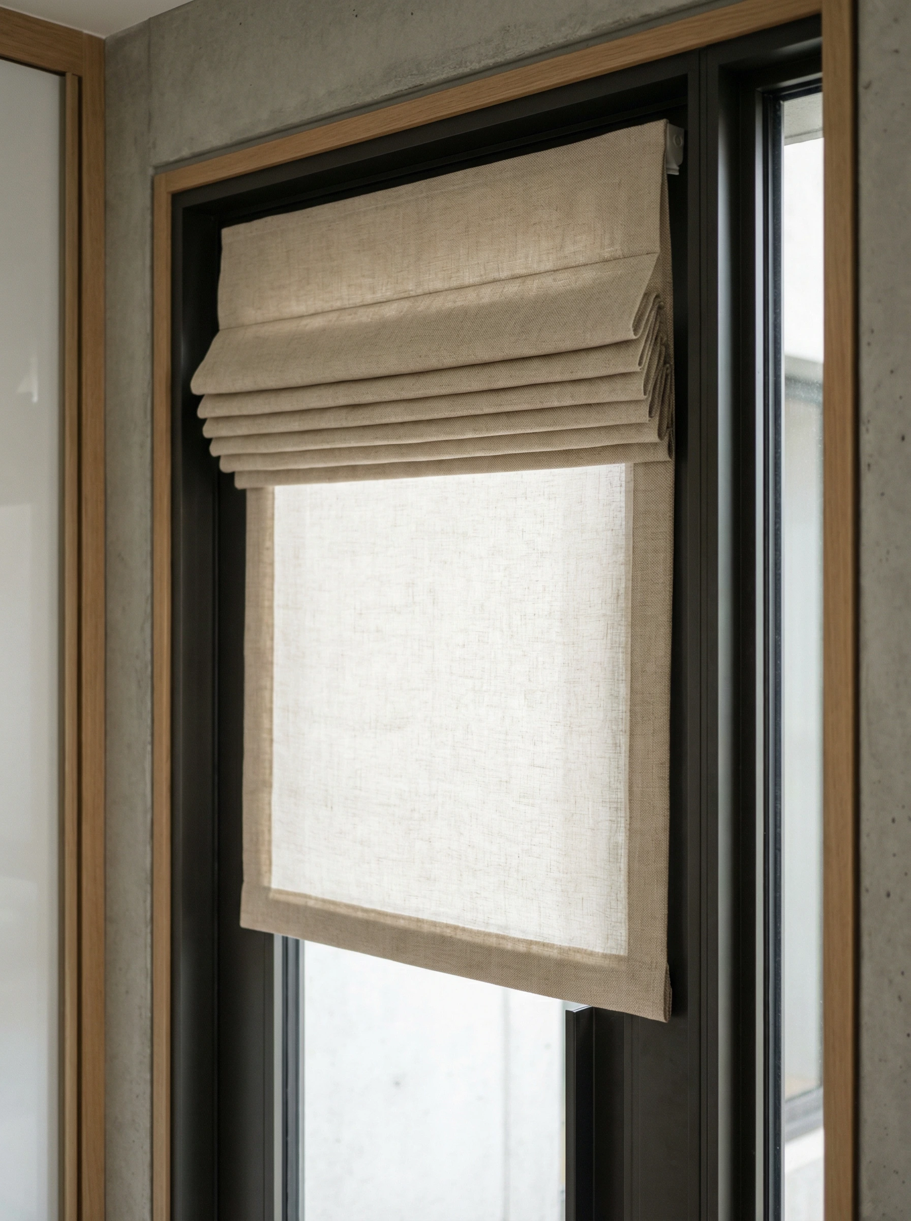 Flat-fold roman shade in a modern interior with clean horizontal pleats