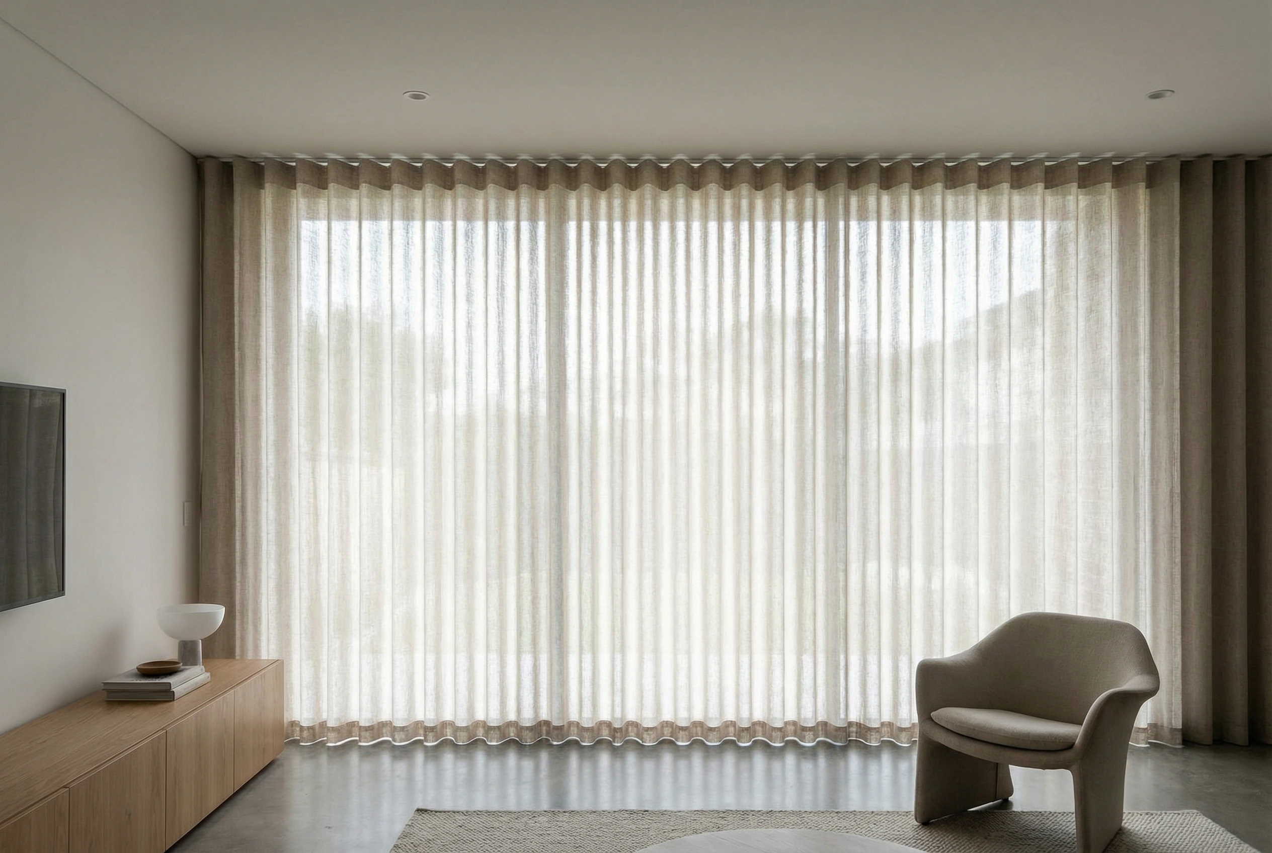 Recessed ceiling track with wave-fold drapery in a modern interior