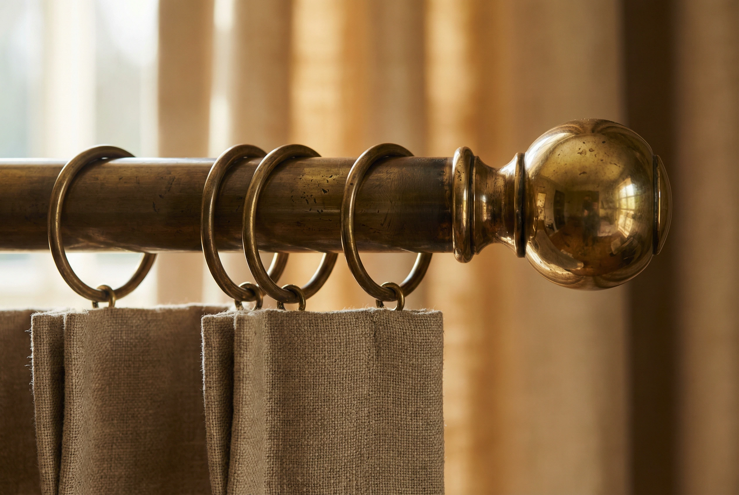 Solid brass curtain pole with hand-finished patina and matching rings