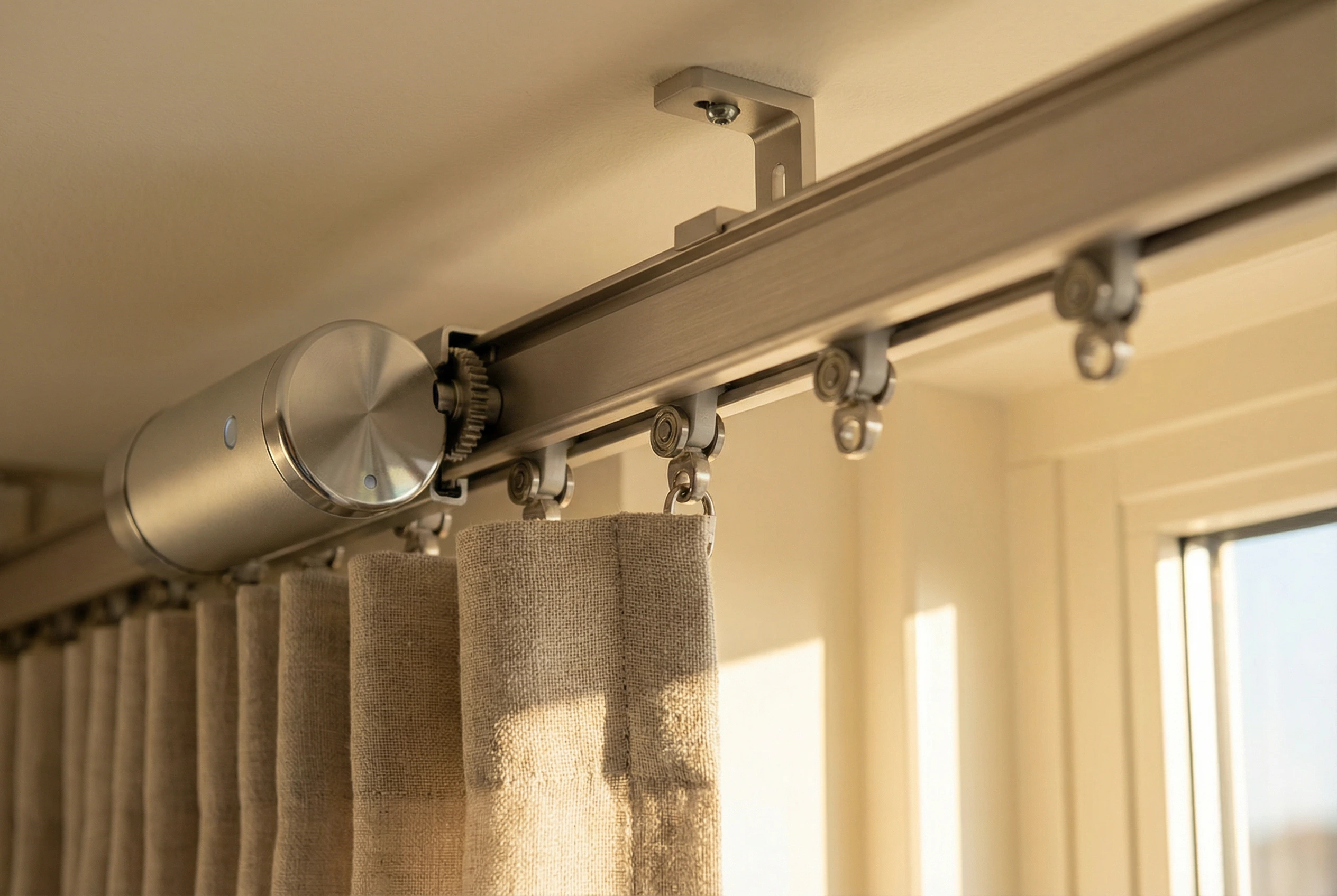 Motorized drapery track system with clean ceiling-mount installation